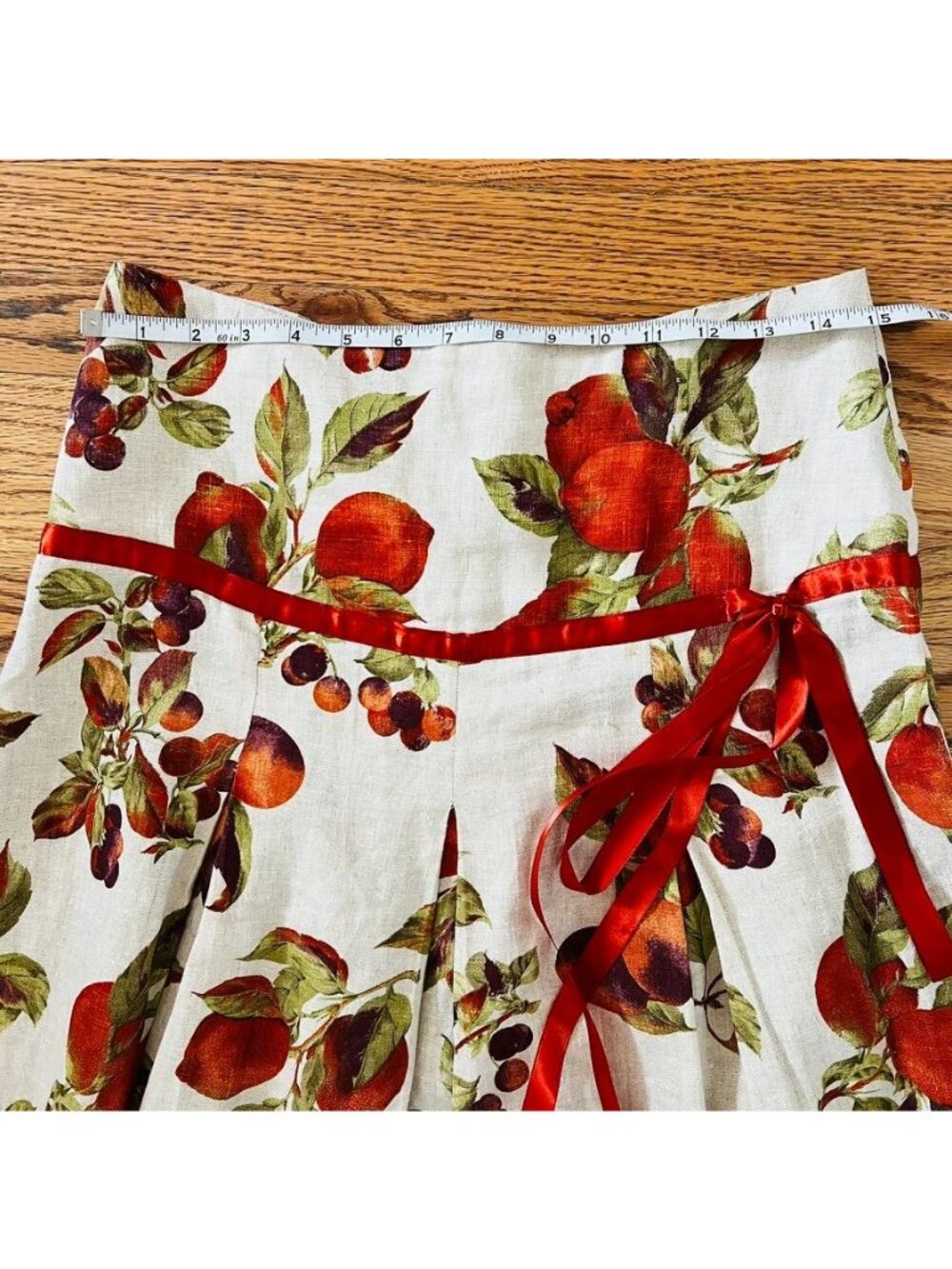 Cottagecore Fruit Print Linen Pleated Skirt Fairy Coquette Ribbon Waist Small - Picture 8 of 9
